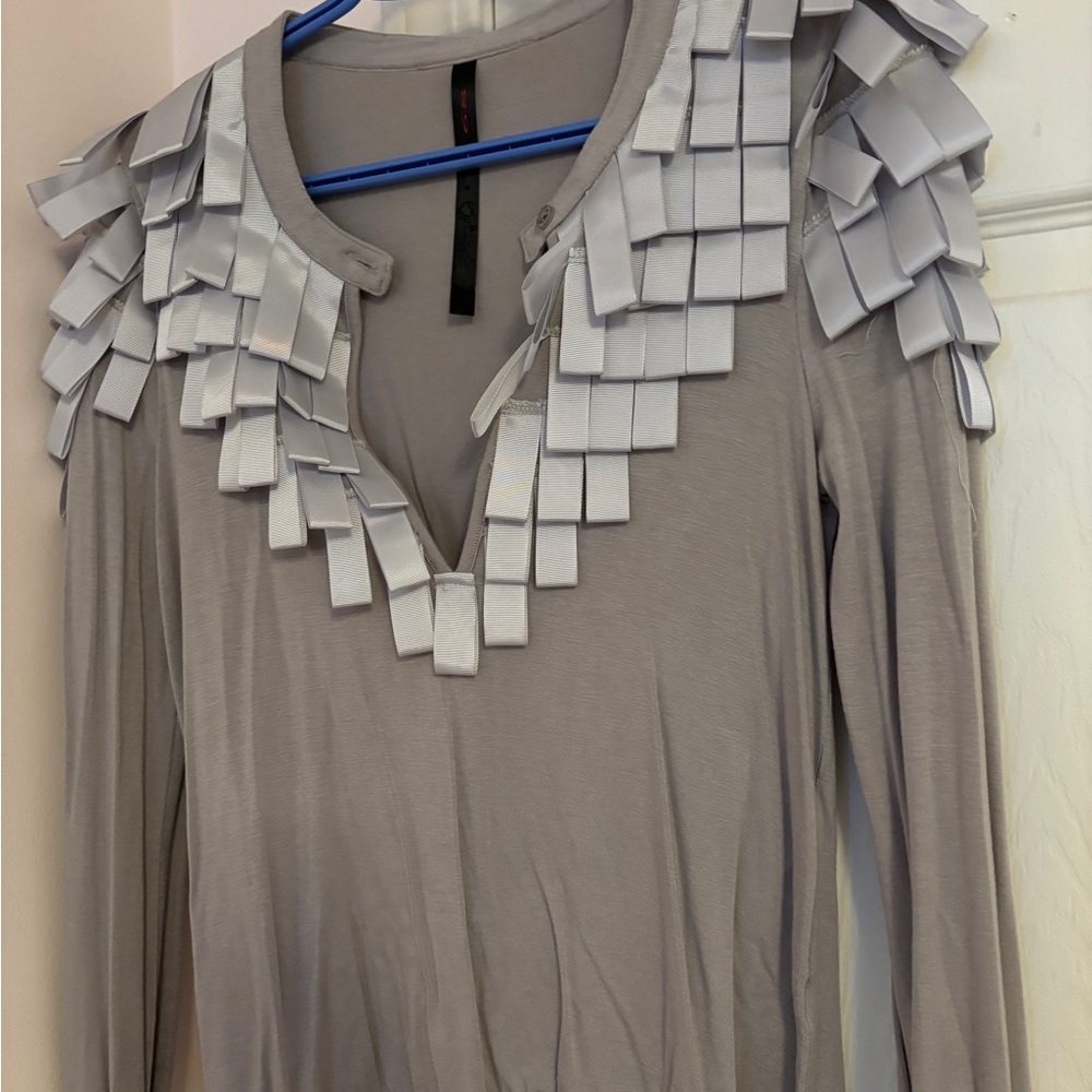 Gray Long Sleeve Top with Ribbon Accents